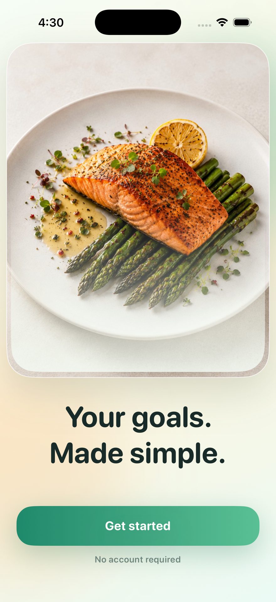 WeighCal welcome screen — Your goals, made simple. No account required.