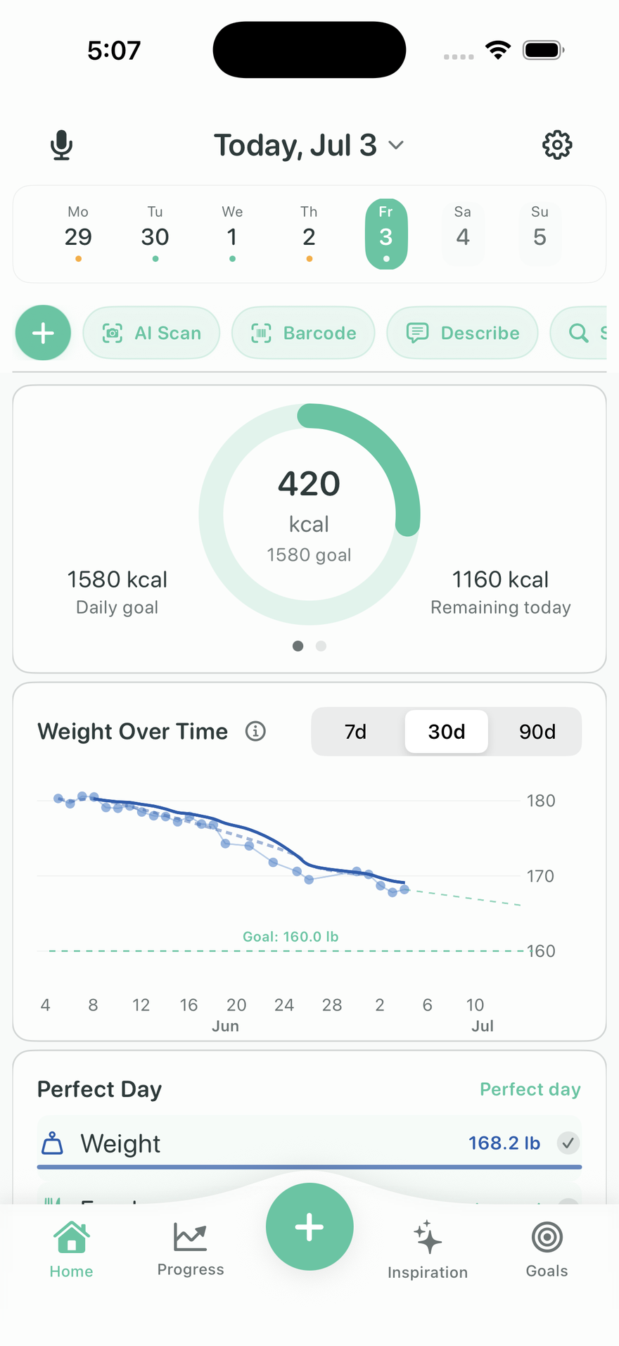 WeighCal home screen showing calories, quick logging, weight trend and Perfect Day